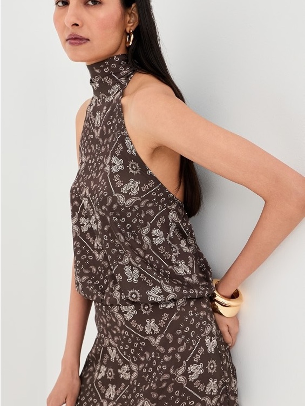 Le Bop Sleeveless High-Neck Paisley Print Dress in Chocolate